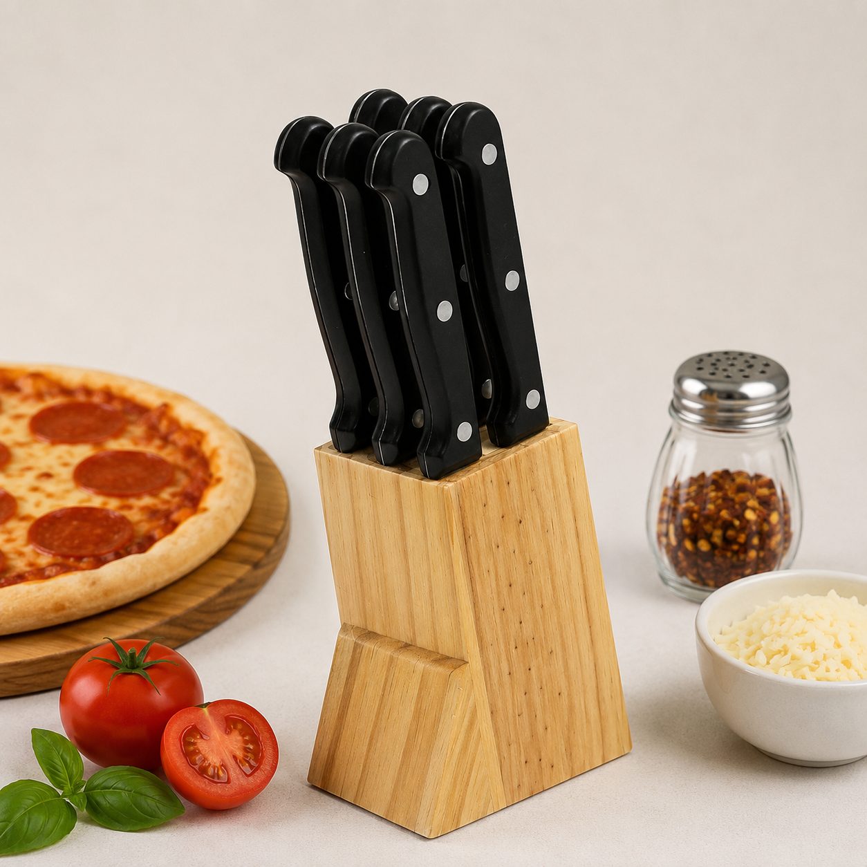 JUEGO DE 6 CUCHILLOS FILETERO MANGO NEGRO BASE MADERA, ENVIO GRATIS